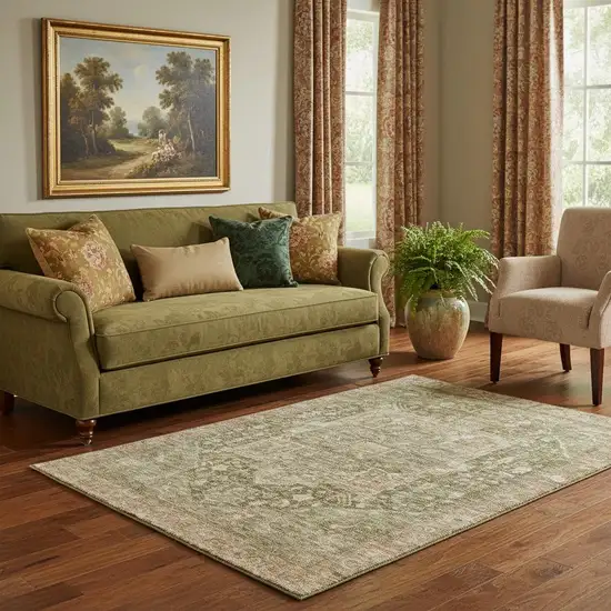 Fern Green Wheat And Copper Oriental Washable Area Rug With UV Protection Photo 2