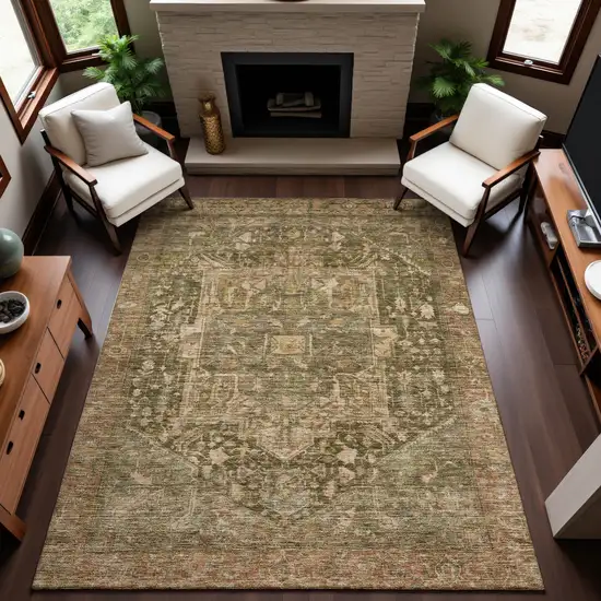 Fern Green Wheat And Copper Oriental Washable Area Rug With UV Protection Photo 4