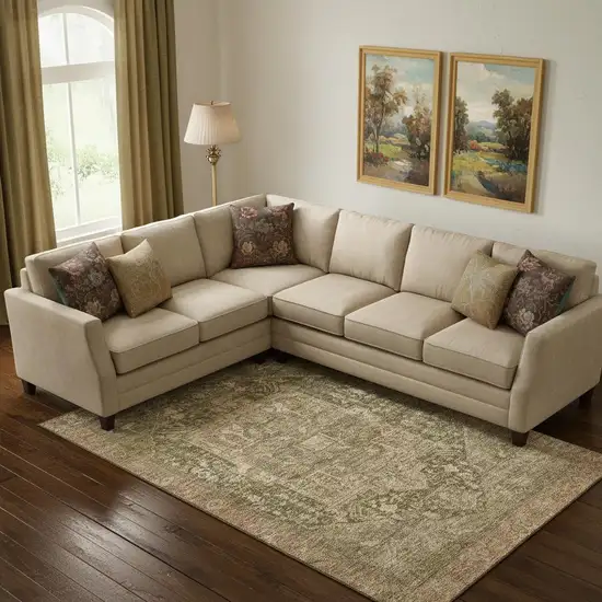 Fern Green Wheat And Copper Oriental Washable Area Rug With UV Protection Photo 2