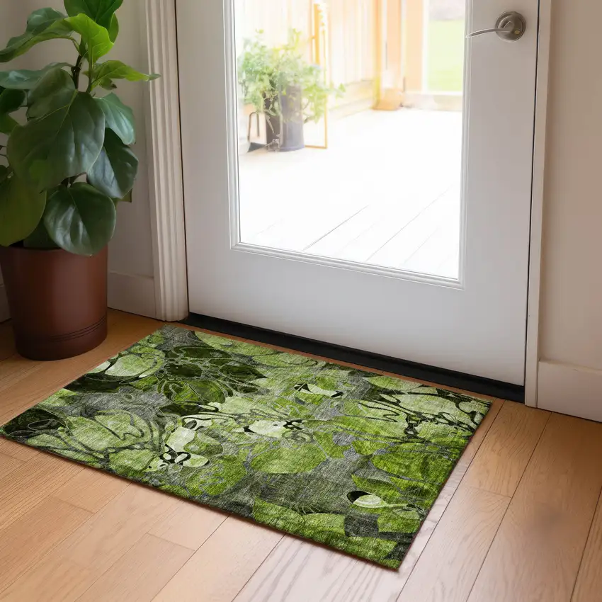 Fern Green and Gray Floral Washable Non Skid Indoor Outdoor Area Rug Photo 9