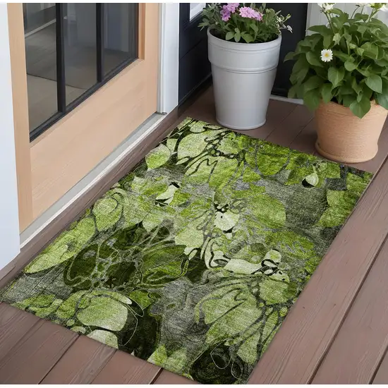 Fern Green and Gray Floral Washable Non Skid Indoor Outdoor Area Rug Photo 1