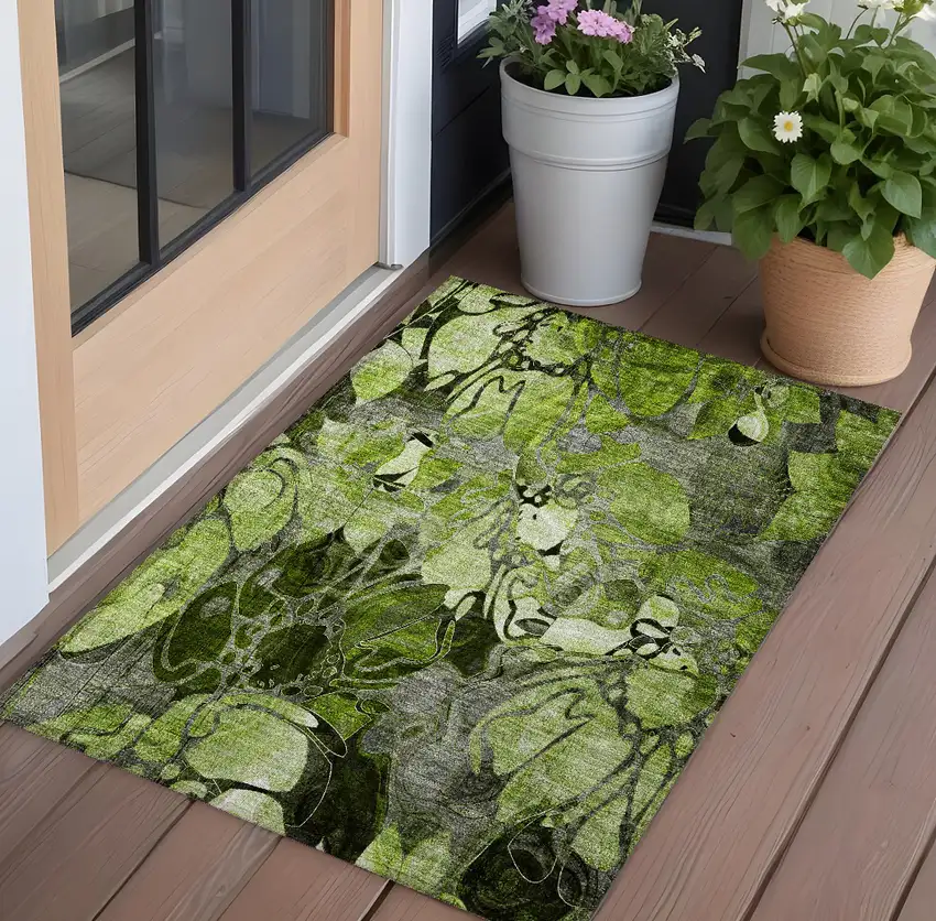 Fern Green and Gray Floral Washable Non Skid Indoor Outdoor Area Rug Photo 1