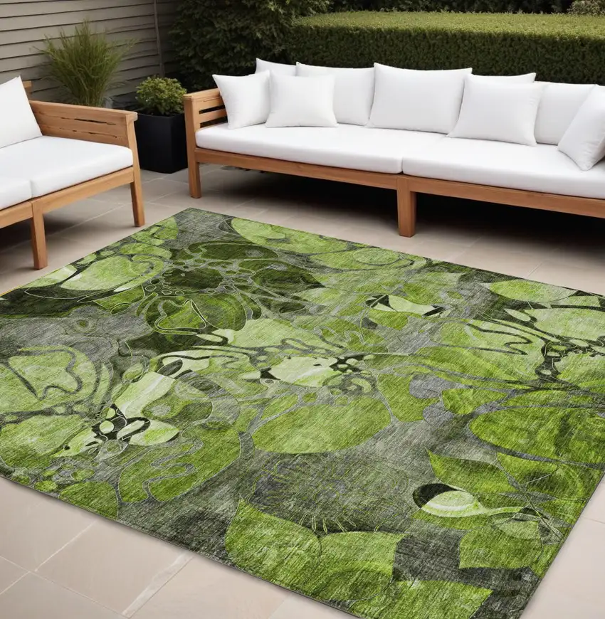 Fern Green and Gray Abstract Washable Indoor Outdoor Area Rug Photo 1