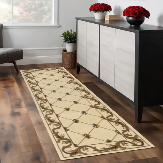 8' Ivory And Brown Floral Vines Runner Rug Photo 1