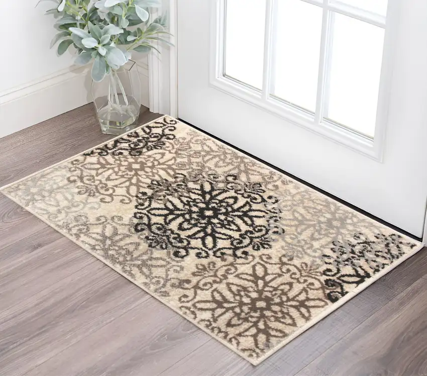 Tan Gray And Black Floral Medallion Stain Resistant Area Rug Photo 1