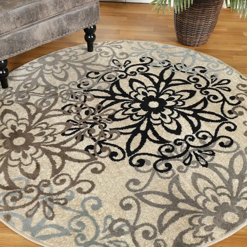 5' Brown Black And Gray Medallion Round Rug Photo 7