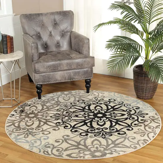 5' Brown Black And Gray Medallion Round Rug Photo 6