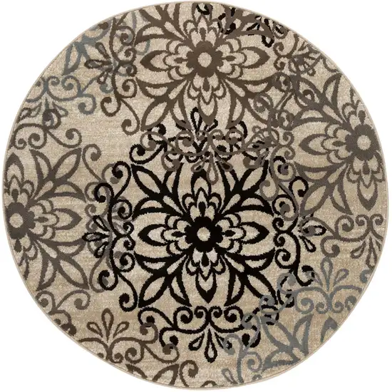 5' Brown Black And Gray Medallion Round Rug Photo 2