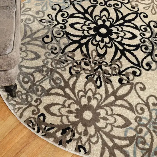 5' Brown Black And Gray Medallion Round Rug Photo 9