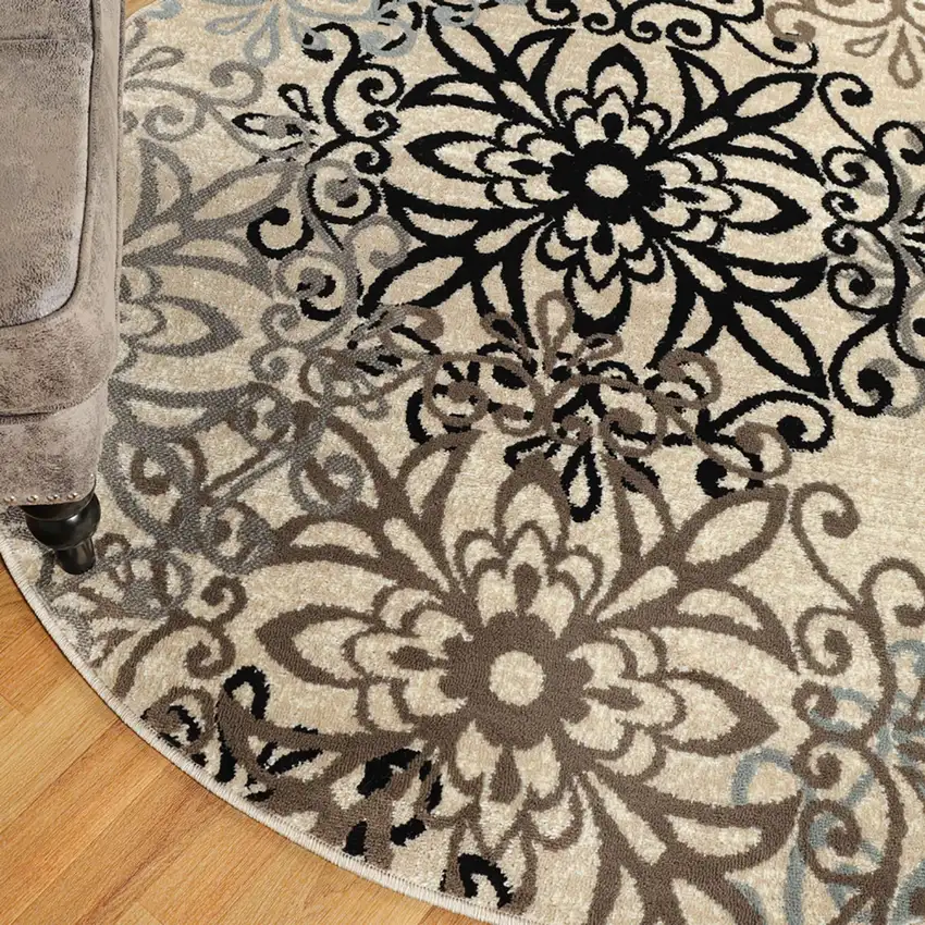5' Brown Black And Gray Medallion Round Rug Photo 9