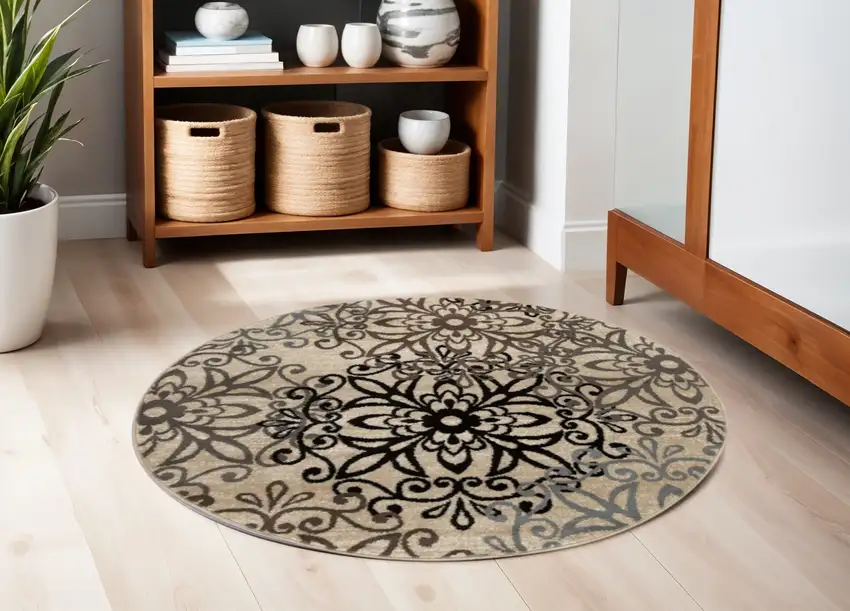 5' Brown Black And Gray Medallion Round Rug Photo 1
