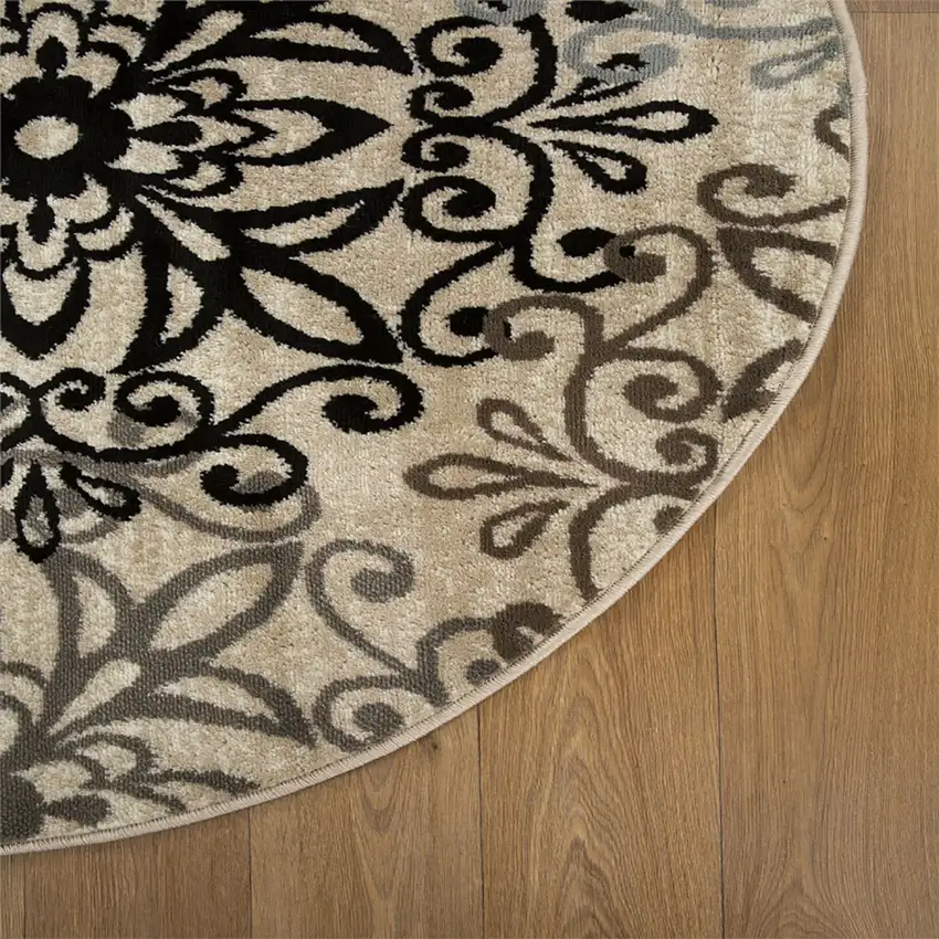 5' Brown Black And Gray Medallion Round Rug Photo 4