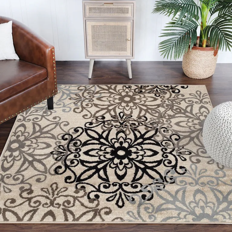 Floral Medallion Stain Resistant Area Rug Photo 2