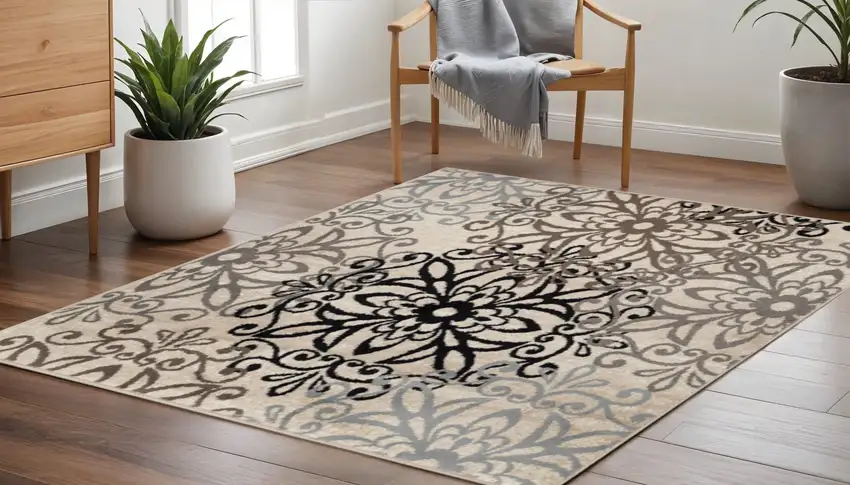 5' Brown Black And Gray Medallion Square Rug Photo 1
