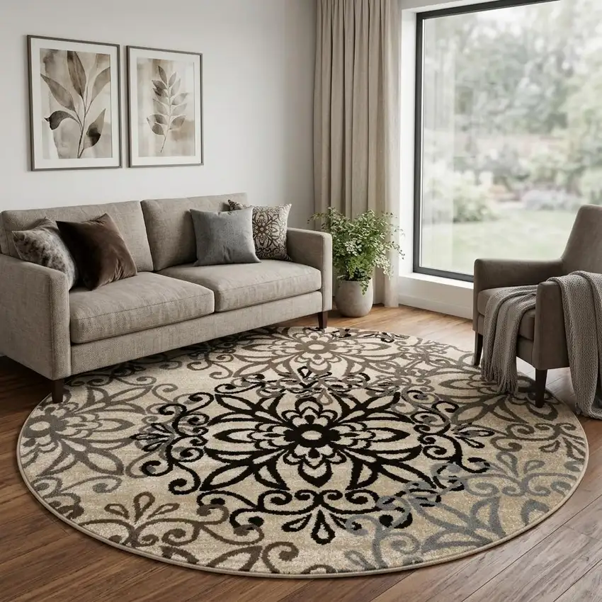 8' Brown Black And Gray Medallion Round Rug Photo 1