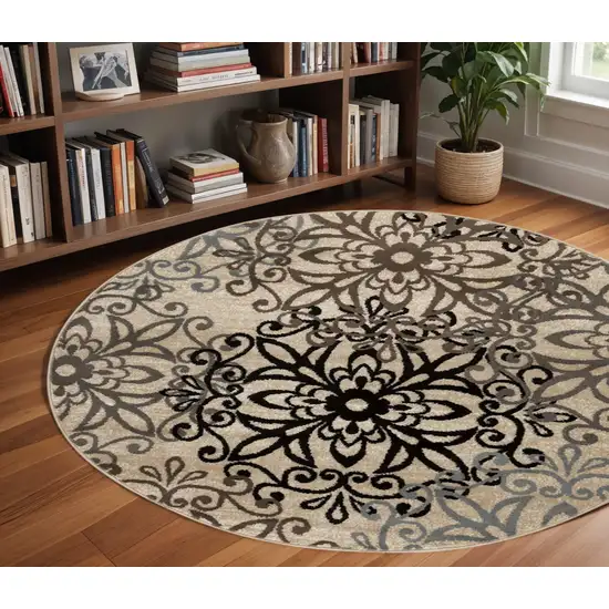 8' Beige Black And Gray Medallion Round Rug Photo 1