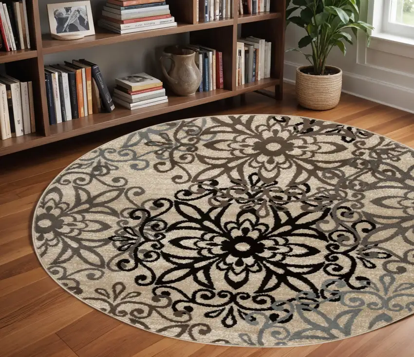 8' Beige Black And Gray Medallion Round Rug Photo 1