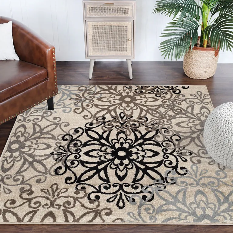 Floral Medallion Stain Resistant Area Rug Photo 2