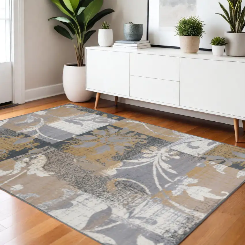Beige And Black Floral Distressed Area Rug Photo 1