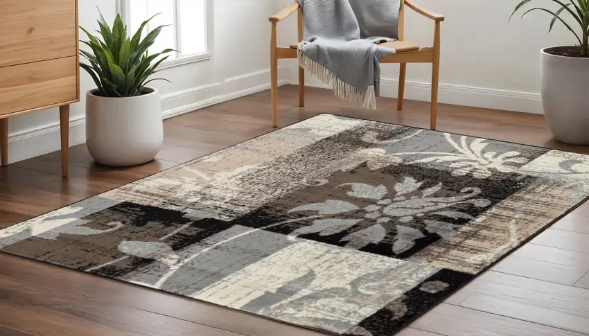 5' Beige Brown And Gray Floral Distressed Square Rug Photo 1