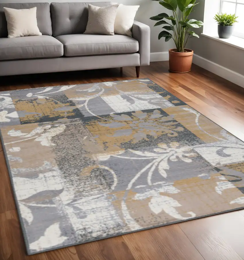 Beige And Black Floral Distressed Area Rug Photo 1