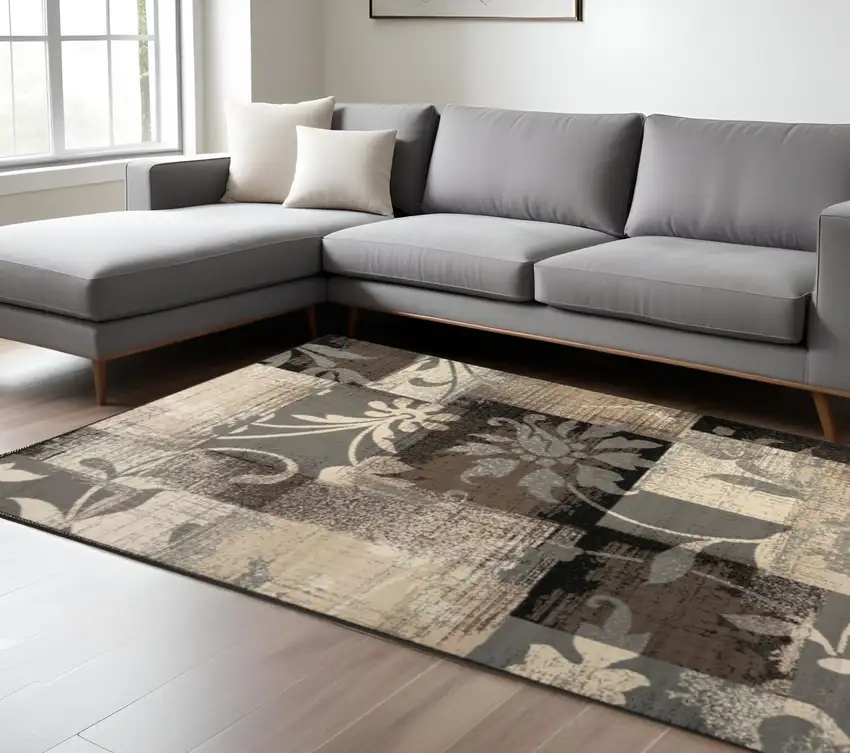 Beige Brown And Gray Floral Distressed Area Rug Photo 1