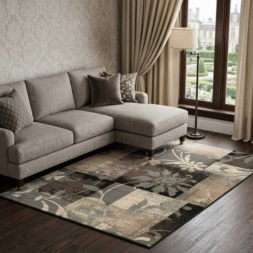 Beige Brown And Gray Floral Distressed Area Rug Photo 1
