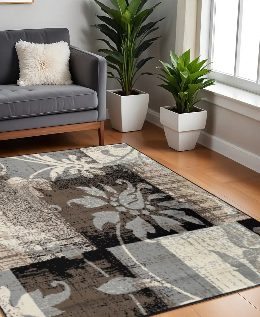 8' Beige Brown And Gray Floral Distressed Square Rug Photo 1