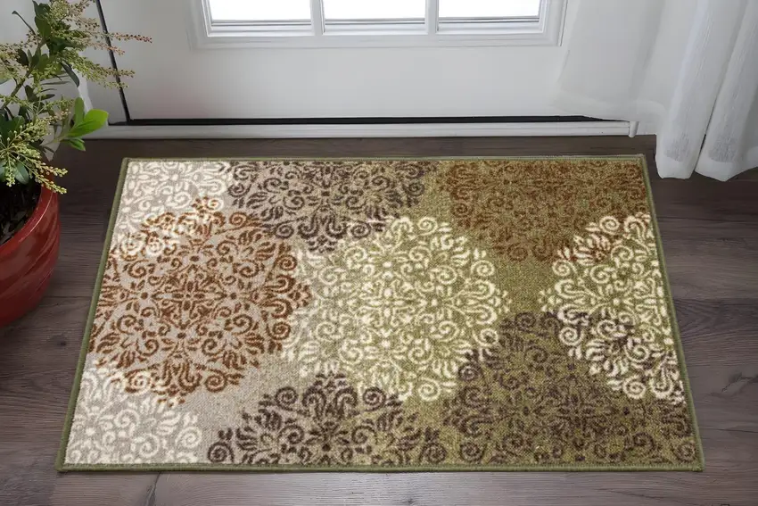 Brown Green And Ivory Floral Area Rug Photo 1