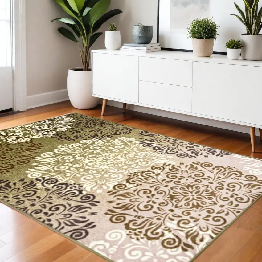 Brown Green And Ivory Floral Medallion Area Rug Photo 1