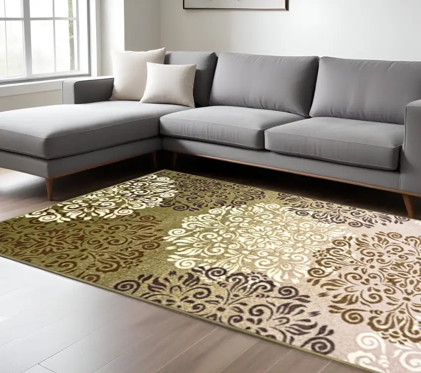 Brown Green And Ivory Floral Medallion Area Rug Photo 1