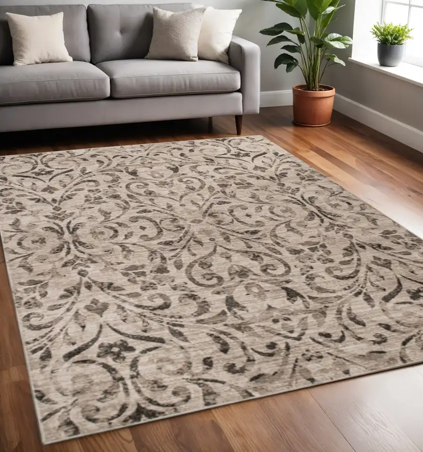 Beige And Black Floral Vines Area Rug Photo 1