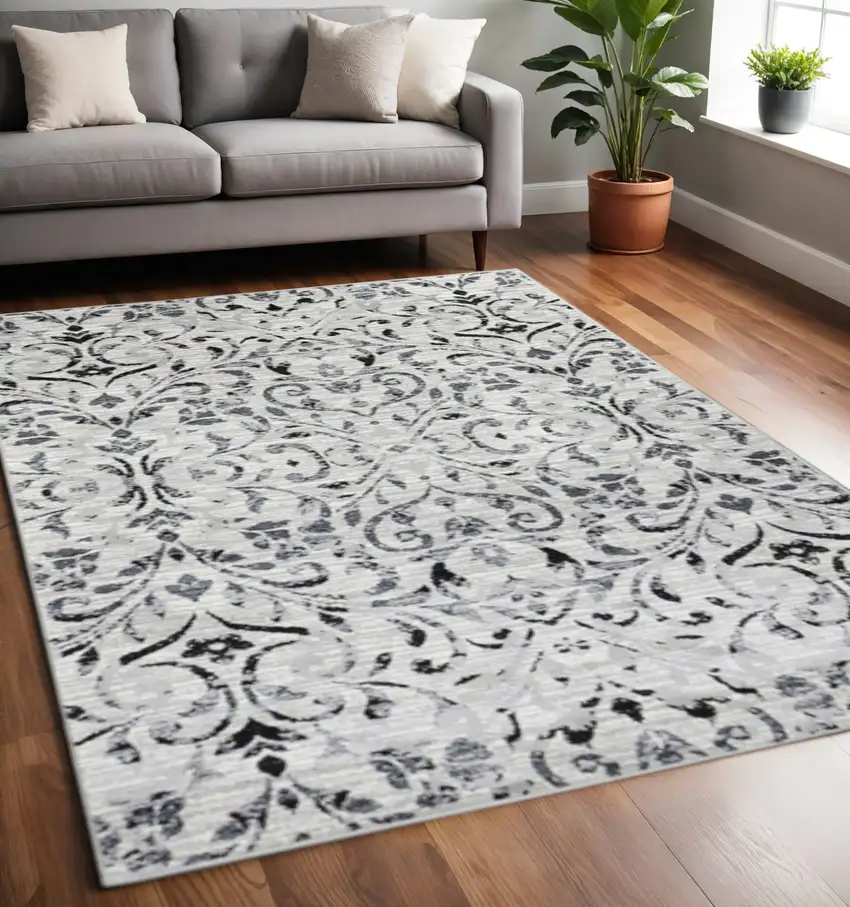 Black And Gray Floral Vines Area Rug Photo 1