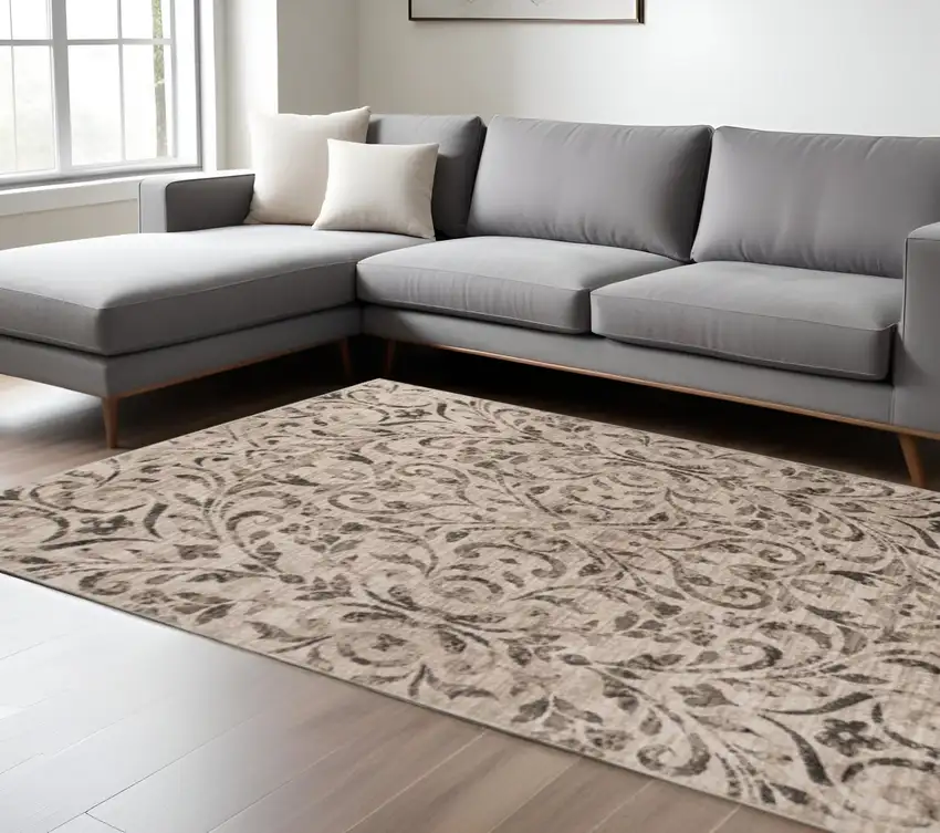 Beige And Black Floral Vines Area Rug Photo 1