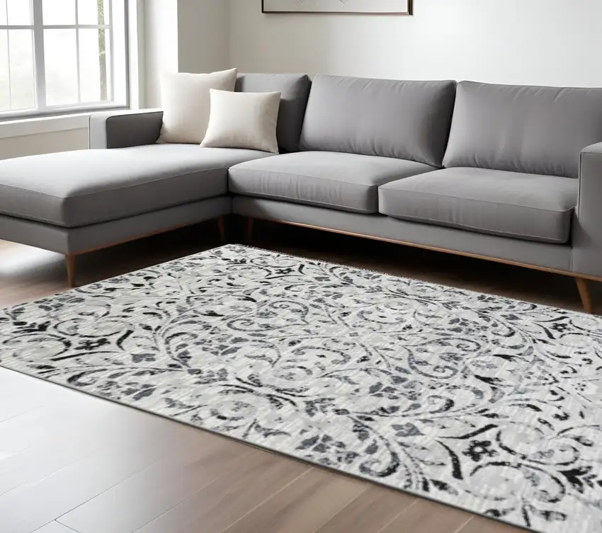 Black And Gray Floral Vines Area Rug Photo 1
