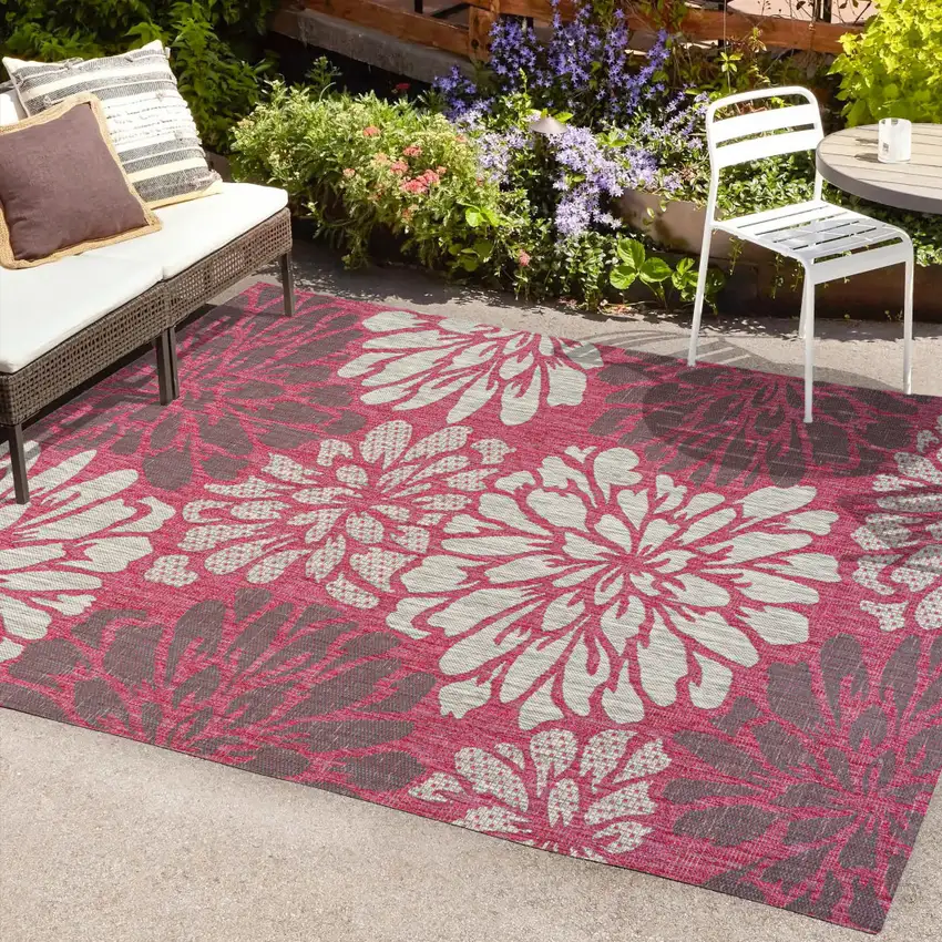 Fuchsia And Light Gray Floral Indoor Outdoor Area Rug Photo 9