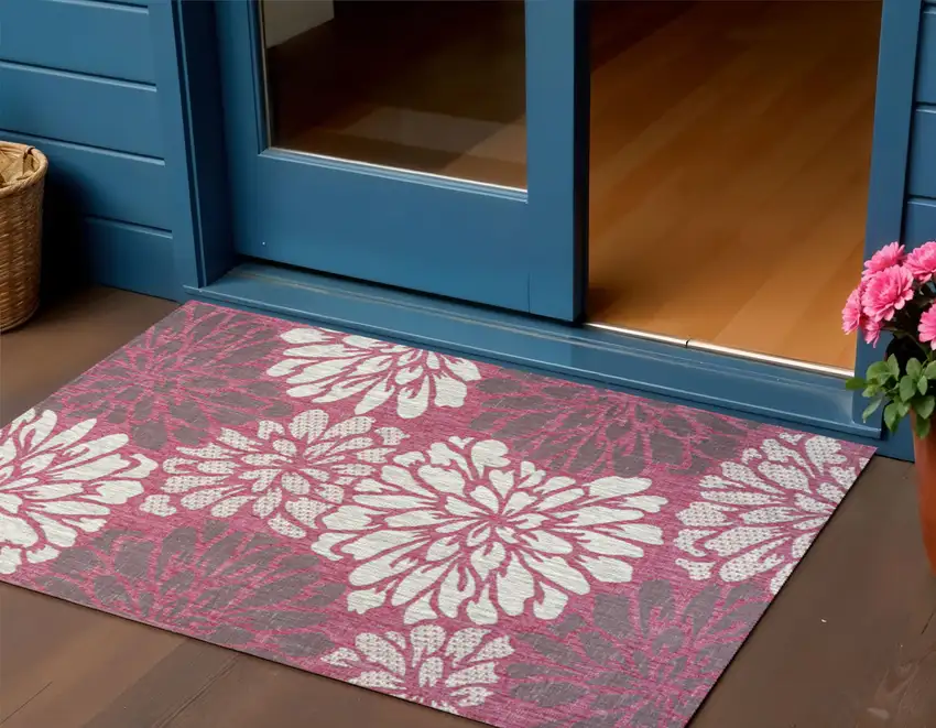 Fuchsia And Light Gray Floral Indoor Outdoor Area Rug Photo 1
