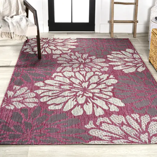Fuchsia And Light Gray Floral Indoor Outdoor Area Rug Photo 7