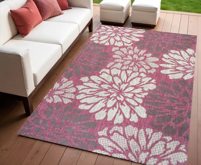 Fuchsia And Light Gray Floral Indoor Outdoor Area Rug Photo 1