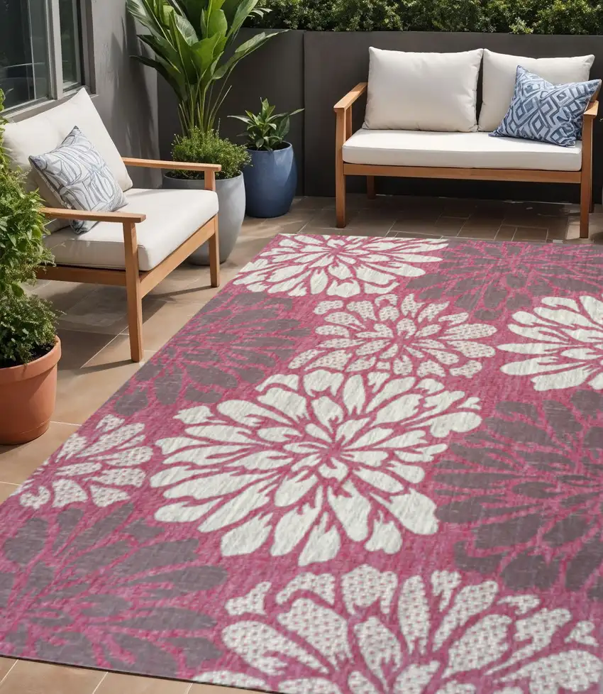 Fuchsia And Light Gray Floral Indoor Outdoor Area Rug Photo 1