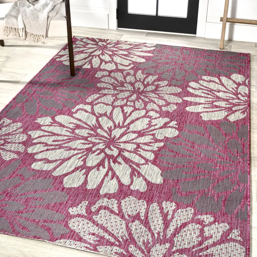 Fuchsia And Light Gray Floral Indoor Outdoor Area Rug Photo 5
