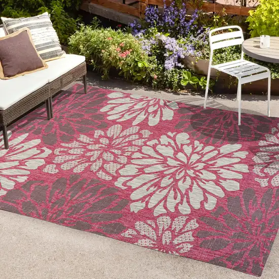 Fuchsia And Light Gray Floral Indoor Outdoor Area Rug Photo 9