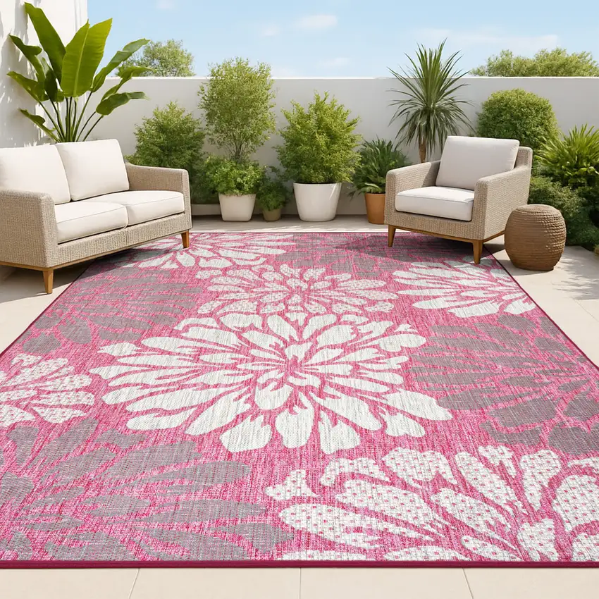 Fuchsia And Light Gray Floral Indoor Outdoor Area Rug Photo 4