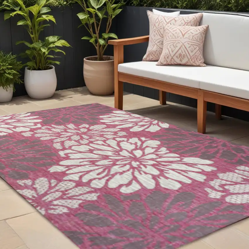 Fuchsia And Light Gray Floral Indoor Outdoor Area Rug Photo 1
