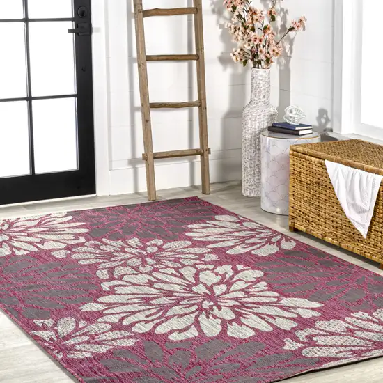 Fuchsia And Light Gray Floral Indoor Outdoor Area Rug Photo 8