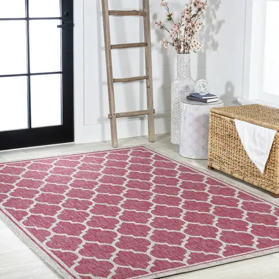 Fuchsia And Light Gray Geometric Indoor Outdoor Area Rug Photo 8