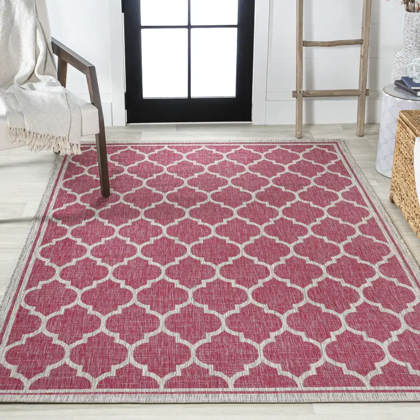 Fuchsia And Light Gray Geometric Indoor Outdoor Area Rug Photo 7