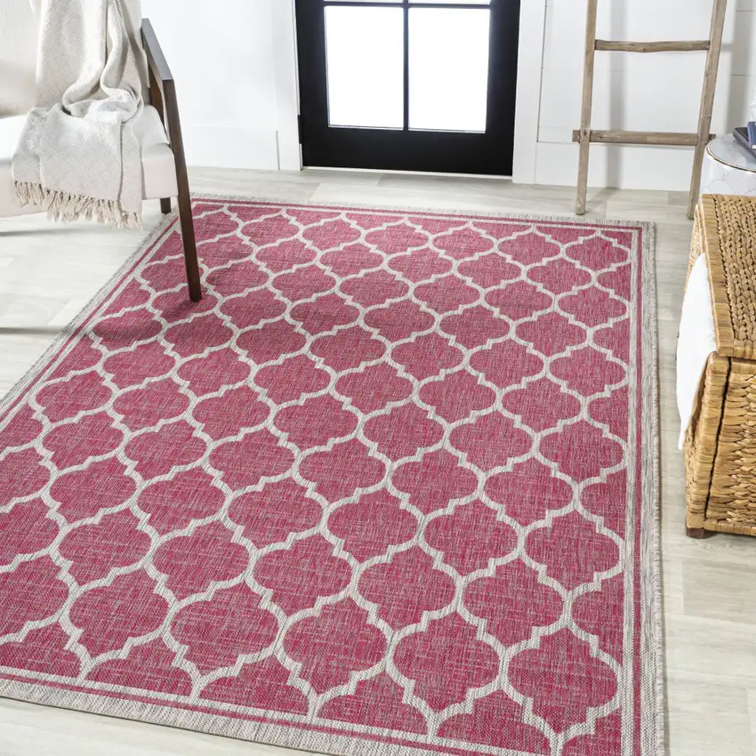 Fuchsia And Light Gray Geometric Indoor Outdoor Area Rug Photo 5