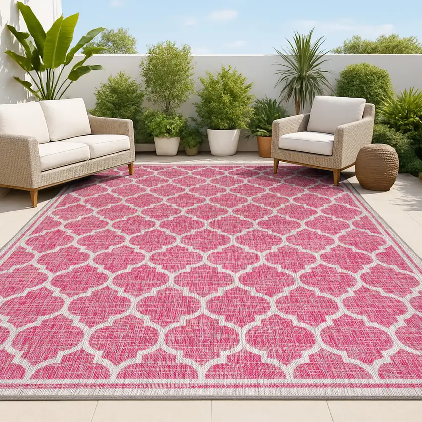 Fuchsia And Light Gray Geometric Indoor Outdoor Area Rug Photo 4