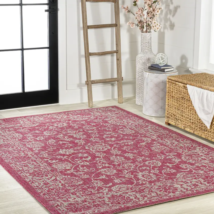 Fuchsia And Light Gray Medallion Indoor Outdoor Area Rug Photo 8